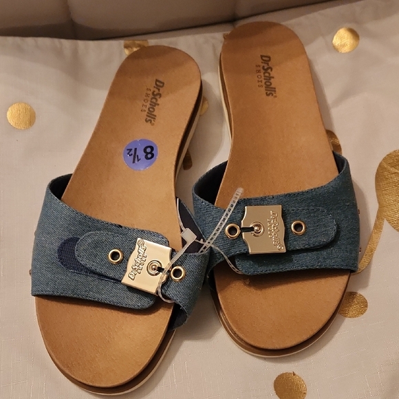 Dr. Scholl's Shoes - Dr. Scholl's Denim Blue Slide Sandals with Gold Hardware - Women's